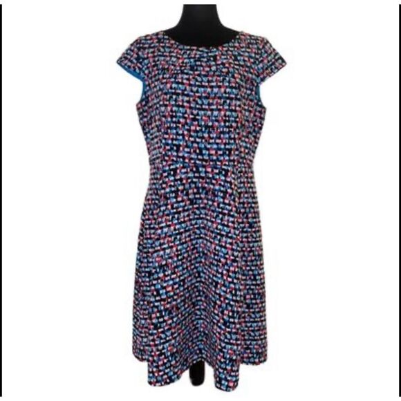 Black Label by Evan Picone A Line Multicolor Geo Print Dress with Cap Sleeves Sz - Picture 1 of 13